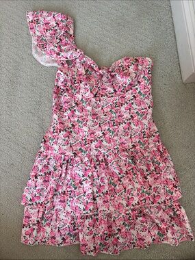 Girls' Pink Floral One-Shoulder Tiered Dress